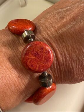 Red Sponge Coral Disc Bead Bracelet 7.5” Toggle Clasp Statement